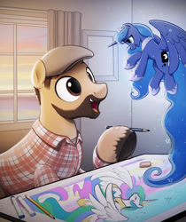 Size: 3000x3567 | Tagged: safe, artist:selenophile, princess celestia, princess luna, oc, oc:tony fleecs, alicorn, pony, clothes, cute, drawing, hat, looking at each other, pencil