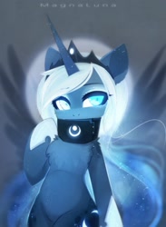 Size: 1692x2310 | Tagged: safe, artist:magnaluna, princess luna, alicorn, pony, chest fluff, collar, crown, female, glowing eyes, horn, jewelry, mare, regalia, solo, spread wings, wings
