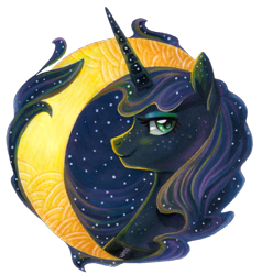 Size: 700x735 | Tagged: safe, artist:dany-the-hell-fox, princess luna, alicorn, pony, bust, crescent moon, ethereal mane, moon, portrait, profile, simple background, solo, starry mane, stars, transparent background, transparent moon