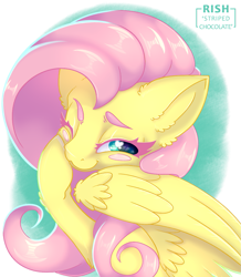 Size: 943x1080 | Tagged: safe, artist:striped-chocolate, fluttershy, pegasus, pony, blush sticker, blushing, bust, cute, head tilt, hoof on cheek, looking at you, looking sideways, one eye closed, portrait, rcf community, shyabetes, signature, simple background, smiling, solo, spread wings, wings