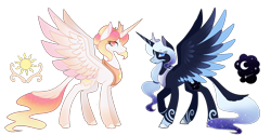 Size: 3000x1500 | Tagged: safe, alternate version, artist:ghostlykittycat, princess celestia, princess luna, alicorn, pony, alternate design, alternate universe, blaze (coat marking), coat markings, cutie mark, duo, ethereal mane, eye clipping through hair, female, jewelry, looking at you, mare, raised hoof, redesign, reference sheet, regalia, siblings, simple background, sisters, spread wings, starry mane, swirly markings, tail feathers, transparent background, twins, wings