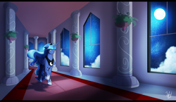 Size: 1920x1116 | Tagged: safe, artist:wolfharmony12, princess luna, alicorn, pony, carpet, female, hallway, jewelry, mare, moon, raised hoof, raised leg, red carpet, regalia, solo, the moon rises