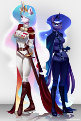 Size: 4472x6708 | Tagged: safe, artist:averageocporn, princess celestia, princess luna, alicorn, anthro, plantigrade anthro, absurd resolution, boots, cape, clothes, female, mare, royal sisters, shoes, sword, uniform, weapon