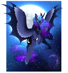 Size: 1740x1870 | Tagged: safe, artist:djspark3, princess luna, alicorn, bat pony, bat pony alicorn, pony, dappled, female, flying, hybrid wings, mare, moon, night, solo