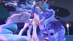 Size: 1920x1080 | Tagged: safe, artist:loveslove, princess celestia, princess luna, alicorn, pony, 3d, boop, cute, forest, moon, night, noseboop, royal sisters, s1 luna, sisterly love, sky, source filmmaker, tree, wallpaper