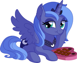 Size: 7287x6015 | Tagged: safe, artist:cyanlightning, princess luna, alicorn, pony, .svg available, absurd resolution, chocolate, ear fluff, female, food, lidded eyes, looking at you, mare, prone, s1 luna, simple background, sitting, solo, spread wings, transparent background, vector, wings