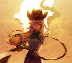 Size: 3008x2622 | Tagged: safe, artist:信长大人家臣, applejack, human, equestria girls, applejack's hat, badass, belt, clothes, cowboy hat, denim skirt, dust, female, hair over one eye, hat, humanized, lasso, lens flare, looking at you, pixiv, rolled up sleeves, rope, shirt, skirt, smoke, solo, stetson