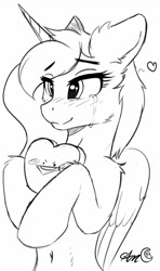 Size: 626x1061 | Tagged: safe, artist:arjinmoon, princess luna, alicorn, pony, :3, :>, belly button, bipedal, blush sticker, blushing, cheek fluff, crying, cute, ear fluff, explicit source, female, floppy ears, happy, heart, hoof hold, hug, leg fluff, lidded eyes, lineart, lunabetes, mare, monochrome, shoulder fluff, simple background, smiling, solo, tears of joy, teary eyes, white background