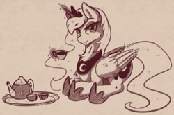 Size: 1446x960 | Tagged: safe, artist:arjinmoon, princess luna, alicorn, pony, cup, ethereal mane, explicit source, female, folded wings, food, glowing horn, hoof shoes, horn, jewelry, levitation, looking at you, magic, mare, monochrome, peytral, regalia, simple background, solo, tea, teacup, telekinesis, wings