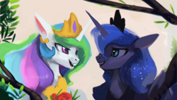 Size: 1920x1080 | Tagged: safe, artist:hierozaki, princess celestia, princess luna, alicorn, pony, bust, duo, female, looking at each other, mare, open mouth, royal sisters, sisters