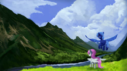 Size: 1650x930 | Tagged: safe, artist:cyonixcymatro, princess celestia, princess luna, alicorn, pony, cewestia, cloud, complex background, digital art, female, filly, flying, mare, mountain, river, scenery, sisters, spread wings, wings, woona, younger