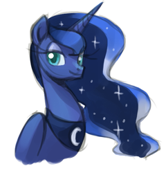 Size: 509x531 | Tagged: safe, artist:needsmoarg4, princess luna, alicorn, pony, bust, female, looking at you, mare, missing accessory, portrait, simple background, smiling, solo, white background