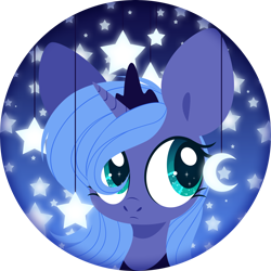 Size: 4000x4000 | Tagged: safe, artist:belka-sempai, princess luna, alicorn, pony, bust, crescent moon, crown, cute, female, filly, jewelry, lunabetes, moon, portrait, regalia, solo, stars, woona, younger