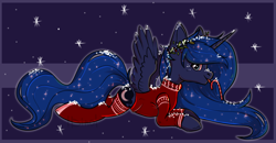 Size: 3616x1876 | Tagged: safe, artist:dinoalpaka, princess luna, alicorn, pony, clothes, cute, cutie mark, female, merry christmas, rcf community, snow, solo, sweater