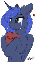 Size: 3000x5085 | Tagged: safe, artist:arjinmoon, color edit, colorist:childofthenight, edit, editor:childofthenight, princess luna, alicorn, pony, :3, :>, belly button, bipedal, blush sticker, blushing, cheek fluff, colored, crying, cute, ear fluff, female, floppy ears, happy, heart, high res, hoof hold, hug, leg fluff, lidded eyes, lunabetes, mare, shoulder fluff, signature, simple background, smiling, solo, tears of joy, teary eyes, white background