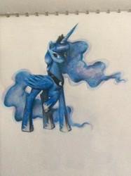 Size: 955x1280 | Tagged: safe, artist:colorfulcolor233, princess luna, alicorn, pony, colored pencil drawing, female, mare, simple background, solo, traditional art