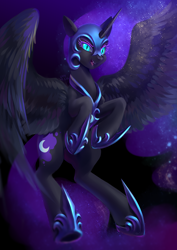 Size: 2894x4093 | Tagged: safe, artist:shu-jeantte, nightmare moon, alicorn, pony, armor, female, flying, mare, night, solo, spread wings, wings