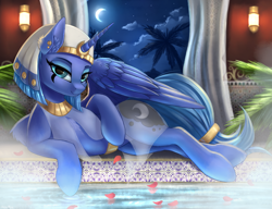 Size: 2000x1536 | Tagged: safe, artist:lightly-san, derpibooru import, princess luna, alicorn, pony, alternate hairstyle, beautiful, beautisexy, bedroom eyes, cheek fluff, chest fluff, clothes, cloud, cosplay, costume, crescent moon, ear fluff, egyptian, eyeshadow, female, flower petals, fluffy, headdress, implied somnambula, jewelry, leg fluff, lidded eyes, looking at you, lunambula, luxury, lying down, makeup, mare, moon, necklace, night, on side, s1 luna, see-through, sexy, smiling, smiling at you, solo, stars, steam, swimming pool, tail jewelry, tail wrap, tattoo, window, wing fluff