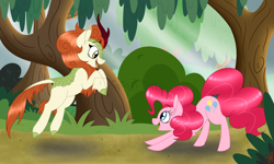 Size: 1280x769 | Tagged: safe, artist:dippin-dott, artist:dippindott, autumn blaze, pinkie pie, earth pony, kirin, pony, sounds of silence, awwtumn blaze, cute, diapinkes, duo, ear fluff, female, happy, jumping, looking at each other, mare, smiling, this will end in fun, tree, watermark