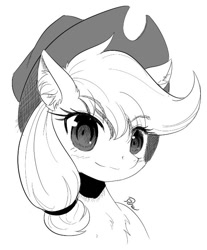 Size: 570x690 | Tagged: safe, artist:phoenixperegrine, applejack, earth pony, pony, black and white, bust, cowboy hat, ear fluff, female, grayscale, hat, mare, monochrome, simple background, solo, white background