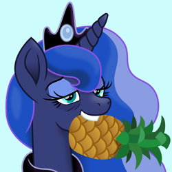 Size: 1500x1500 | Tagged: safe, artist:cloudyglow, princess luna, alicorn, pony, a royal problem, female, food, mare, mouth hold, pineapple, solo, tired