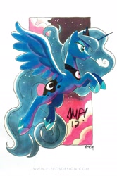 Size: 1605x2410 | Tagged: safe, artist:tonyfleecs, princess luna, alicorn, pony, female, flying, jewelry, mare, marker drawing, profile, regalia, sky, solo, spread wings, traditional art, wings