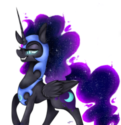 Size: 1926x1991 | Tagged: safe, artist:invaderkj, nightmare moon, pony, ethereal mane, ethereal tail, evil grin, glowing eyes, grin, lidded eyes, simple background, smiling, solo, white background