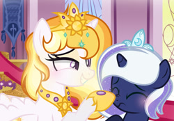 Size: 1280x890 | Tagged: safe, artist:xxmaikhanhflarexx, princess celestia, princess luna, alicorn, pony, alternate design, boop, crown, duo, female, filly, jewelry, regalia, royal sisters, siblings, sisters, woona, younger