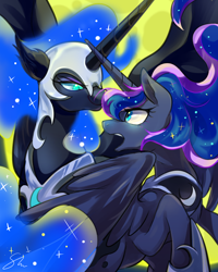 Size: 800x1000 | Tagged: safe, artist:sion-ara, nightmare moon, princess luna, alicorn, pony, duo, ear fluff, ethereal mane, female, hoof shoes, lidded eyes, looking at each other, mare, rearing, scared, shocked, signature, slit eyes, spread wings, starry mane, wings