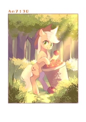 Size: 724x1024 | Tagged: safe, artist:xieyanbbb, applejack, earth pony, pony, apple, apple basket, apple orchard, basket, bush, cowboy hat, female, food, forest, grass, hat, hoof hold, mare, morning, orchard, solo, standing, stetson, time, timestamp, tree