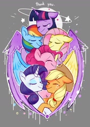 Size: 1240x1754 | Tagged: safe, artist:pinweena30, applejack, fluttershy, pinkie pie, rainbow dash, rarity, twilight sparkle, twilight sparkle (alicorn), alicorn, earth pony, pegasus, pony, unicorn, circling stars, cowboy hat, crying, cute, dashabetes, diapinkes, end of ponies, eyes closed, female, happy, hat, hug, jackabetes, magic, mane six, raribetes, sad, shyabetes, smiling, stars, tears of joy, thank you, twiabetes, winghug, wings