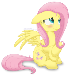 Size: 1000x1009 | Tagged: safe, artist:littlehybridshila, fluttershy, pegasus, pony, blushing, cute, female, floppy ears, looking away, looking up, mare, shy, shyabetes, simple background, sitting, smiling, solo, spread wings, stray strand, three quarter view, transparent background, wings