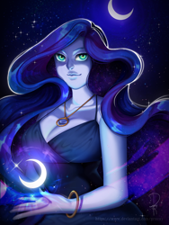 Size: 900x1200 | Tagged: safe, artist:praeay, princess luna, human, clothes, dress, ethereal hair, humanized, jewelry, magic, moon, necklace, night, pony coloring, signature, smiling, solo