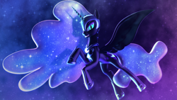 Size: 4800x2700 | Tagged: safe, artist:jacob-lhh3, nightmare moon, pony, 3d, color porn, fangs, fog, glowing eyes, glowing horn, grin, smiling, solo, source filmmaker, spread wings, stars, wings