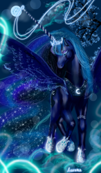 Size: 600x1024 | Tagged: safe, artist:asurama, princess luna, alicorn, pony, glowing horn, magic, moon, night, solo, tree