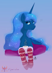 Size: 600x846 | Tagged: safe, artist:viperidaegraphics, princess luna, alicorn, pony, christmas, clothes, ear fluff, ethereal mane, female, gradient background, heart, holiday, lidded eyes, mare, mug, prone, socks, solo, speedpaint available, starry mane