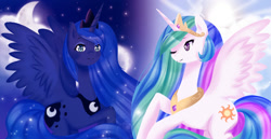 Size: 1024x530 | Tagged: safe, artist:xx-artbloqued-xx, princess celestia, princess luna, alicorn, pony, cloud, crown, day, day and night, duo, female, hoof shoes, jewelry, mare, moon, necklace, night, one eye closed, pretty, regalia, royal sisters, sisters, sky, smiling, stars, sun, wings