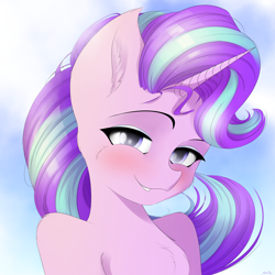 Size: 4000x4000 | Tagged: safe, artist:maneingreen, starlight glimmer, pony, unicorn, beautiful, blushing, bust, cheek fluff, chest fluff, cute, ear fluff, female, glimmerbetes, human shoulders, mare, portrait, smiling, solo