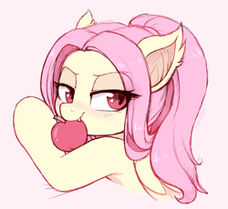 Size: 2651x2438 | Tagged: safe, artist:moozua, fluttershy, bat pony, pony, alternate hairstyle, apple, bat ponified, bedroom eyes, cute, eye clipping through hair, fangs, female, flutterbat, food, heart eyes, mare, mouth hold, race swap, shyabates, shyabetes, solo, wingding eyes