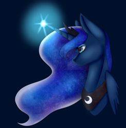 Size: 1792x1831 | Tagged: safe, artist:amcirken, princess luna, alicorn, pony, blue background, bust, ethereal mane, female, galaxy mane, glowing horn, jewelry, mare, no mouth, regalia, simple background, solo, starry mane