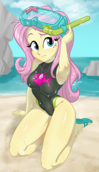 Size: 720x1240 | Tagged: safe, artist:ta-na, fluttershy, equestria girls, adorasexy, armpits, beach, belly button, clothes, cute, diving goggles, flip-flops, geode of fauna, jewelry, magical geodes, necklace, one-piece swimsuit, rock, sandals, sexy, shore, shyabetes, snorkel, solo, starfish, swimsuit, thighs, wet