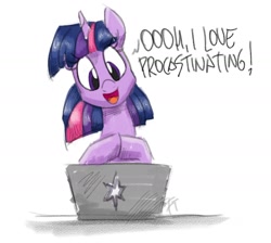 Size: 1676x1505 | Tagged: safe, artist:flutterthrash, twilight sparkle, pony, unicorn, atg 2020, computer, dialogue, female, laptop computer, mare, newbie artist training grounds, open mouth, out of character, procrastination, simple background, solo, white background