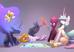 Size: 3508x2480 | Tagged: safe, artist:underpable, carrot top, fizzlepop berrytwist, golden harvest, philomena, princess celestia, princess luna, starlight glimmer, tempest shadow, oc, oc:flint, alicorn, earth pony, phoenix, pony, unicorn, broken horn, commission, curved horn, ethereal mane, female, galaxy mane, hoof shoes, horn, impossibly large mane, monopoly, mouth hold, royal sisters, smiling, this will end in banishment, tongue out