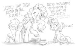 Size: 2104x1398 | Tagged: safe, artist:flutterthrash, fluttershy, sweetie belle, pegasus, pony, unicorn, atg 2020, choker, chokershy, dialogue, duo, female, filly, mare, metalshy, monochrome, newbie artist training grounds, simple background, spiked choker, traditional art, white background