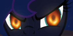 Size: 1439x706 | Tagged: safe, edit, edited screencap, screencap, princess luna, alicorn, pony, a royal problem, angry, black hole, close-up, eye, eyes, female, glare, glowing eyes, hypnotic, looking at you, mare, meme, messier 87, solo, swirly eyes