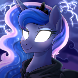 Size: 3000x3000 | Tagged: safe, artist:darlyjay, princess luna, alicorn, pony, luna eclipsed, bust, cloak, clothes, female, glowing eyes, lightning, mare, no pupils, portrait, princess of the night, smiling, solo, white eyes