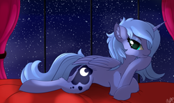 Size: 2390x1423 | Tagged: safe, artist:orangejuicerus, princess luna, alicorn, pony, anatomically incorrect, bed, bedroom eyes, colored pupils, curtains, ear fluff, eyeshadow, female, fluffy, incorrect leg anatomy, leg fluff, lidded eyes, looking at you, makeup, mare, missing accessory, night, prone, s1 luna, shoulder fluff, sky, solo, stars, window, wing fluff