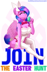 Size: 1957x3000 | Tagged: safe, artist:meowcephei, anthro, bunny suit, clothes, commission, costume, easter, easter bunny, easter egg, female, holiday, stockings, thigh highs, your character here