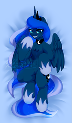 Size: 405x691 | Tagged: safe, artist:dolorosacake, princess luna, alicorn, pony, body pillow, body pillow design, looking at you, lying, smiling