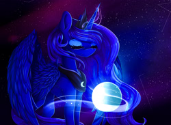 Size: 2855x2086 | Tagged: dead source, safe, artist:y0-ki, princess luna, alicorn, pony, constellation, eyes closed, glowing horn, magic, orb, smiling, solo, space, starry night, stars